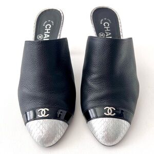 CHANEL Black and Silver Mules